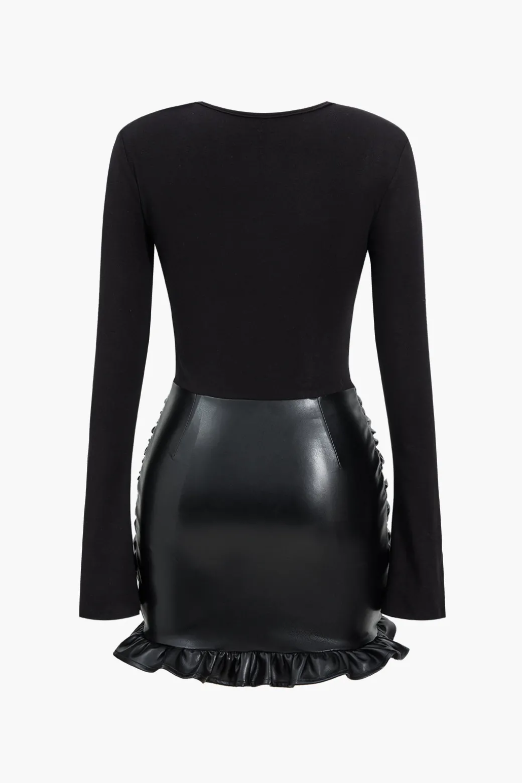Faux Leather Patchwork Ruffle Ruched Long Sleeve Mini Dress