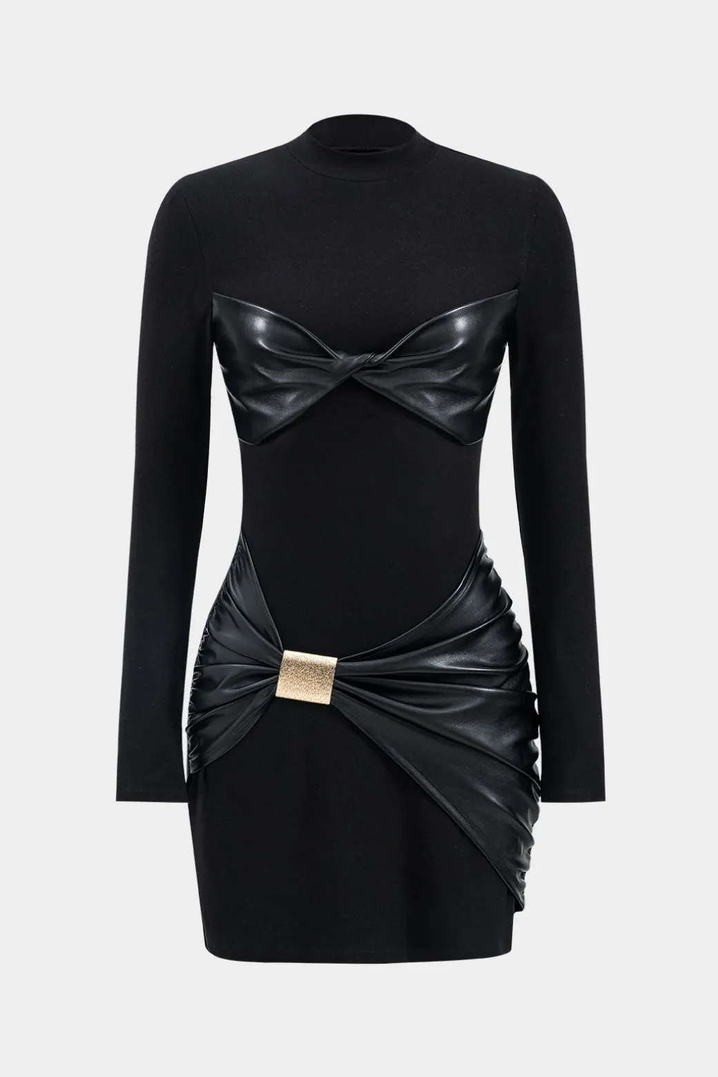Faux Leather Patchwork Ruched Long Sleeve Mini Dress