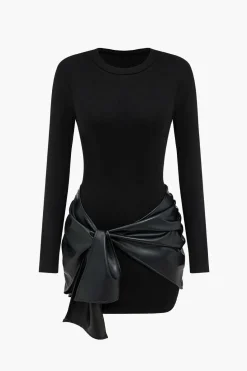 Faux Leather Patchwork Tie Front Round Neck Ruched Mini Dress