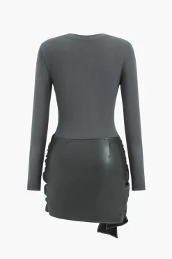 Faux Leather Patchwork Tie Front Round Neck Ruched Mini Dress