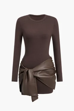 Faux Leather Patchwork Tie Front Round Neck Ruched Mini Dress