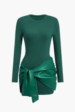 Faux Leather Patchwork Tie Front Round Neck Ruched Mini Dress