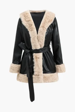 Faux Leather Patchwork Tie-Up Jacket