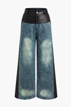 Faux Leather Patchwork Wide Leg Jeans