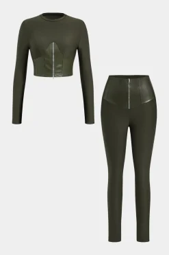 Faux Leather Patchwork Zipper Long Sleeve Top And Trousers Set