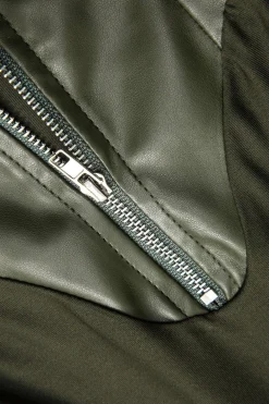 Faux Leather Patchwork Zipper Long Sleeve Top And Trousers Set