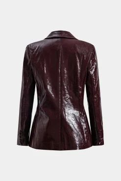 Faux Leather Pocket Button Notched Lapel Blazer