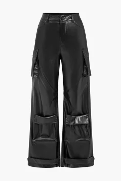 Faux Leather Pocket Wide Leg Trousers