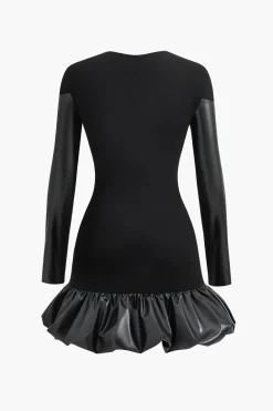 Faux Leather Round Neck Patchwork Mini Dress