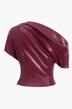 Faux Leather Ruched Asymmetrical Short Sleeve T-Shirt