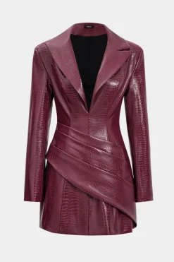 Faux Leather Ruched Long Sleeve V-Neck Mini Dress