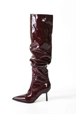 Faux Leather Ruched Pointed Toe Knee High Boots