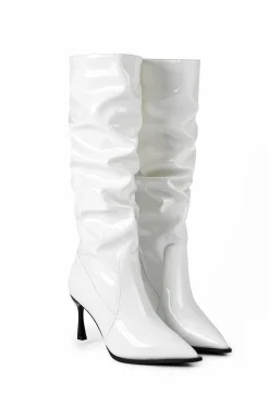 Faux Leather Ruched Pointed Toe Knee High Boots