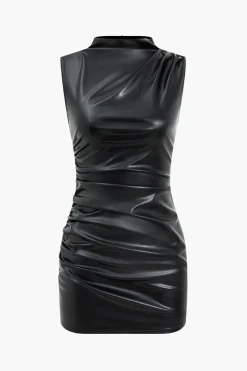 Faux Leather Ruched Sleeveless Asymmetrical Mini Dress