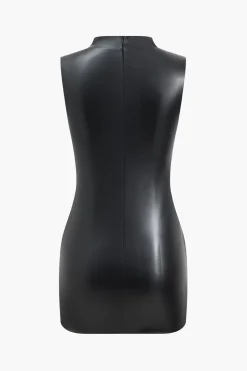Faux Leather Ruched Sleeveless Asymmetrical Mini Dress