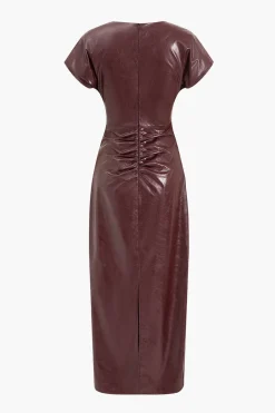 Faux Leather Ruched V-Neck Midi Dress