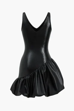 Faux Leather Ruched V-Neck Asymmetrical Mini Dress