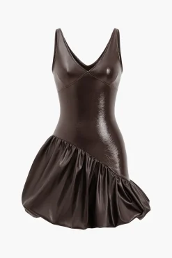 Faux Leather Ruched V-Neck Asymmetrical Mini Dress