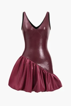 Faux Leather Ruched V-Neck Asymmetrical Mini Dress
