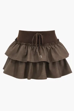 Faux Leather Ruffle Tie-Up Patchwork Skirt