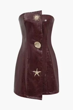 Faux Leather Strapless Mini Dress With Shell Embellishments
