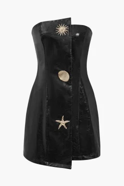 Faux Leather Strapless Mini Dress With Shell Embellishments
