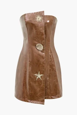 Faux Leather Strapless Mini Dress With Shell Embellishments