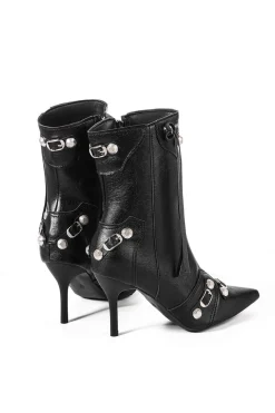 Faux Leather Studded Pointed Toe Ankle Boots