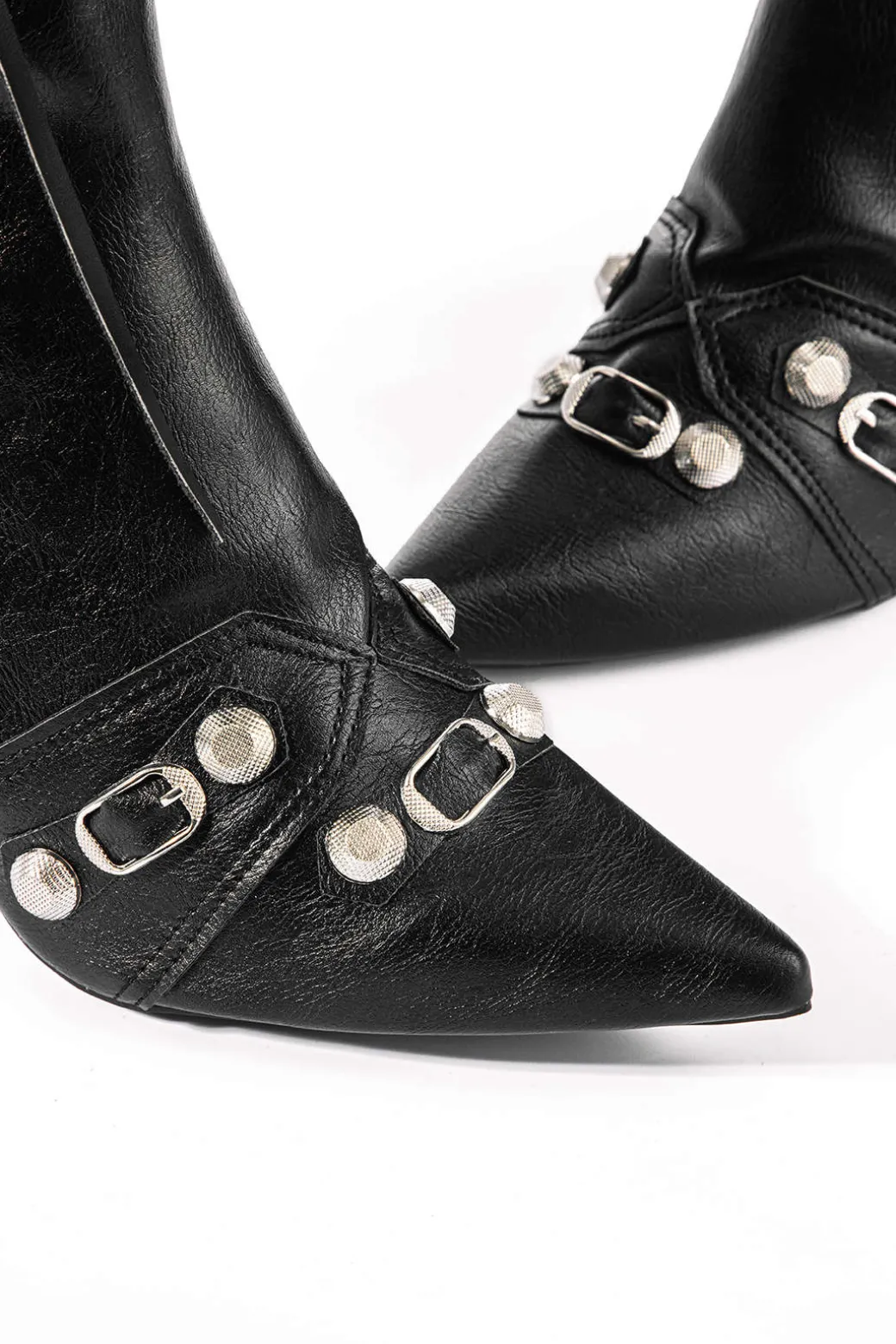 Faux Leather Studded Pointed Toe Ankle Boots