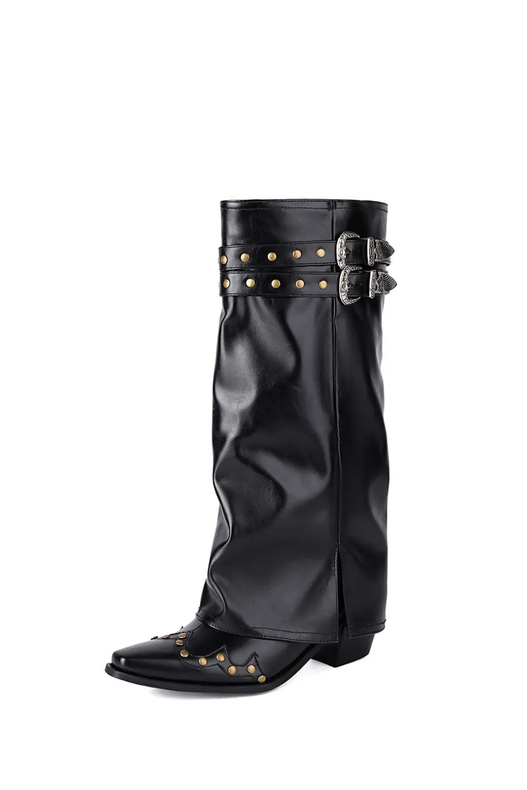 Faux Leather Studded Pointed Toe Mid Calf Boots