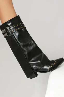 Faux Leather Studded Pointed Toe Mid Calf Boots
