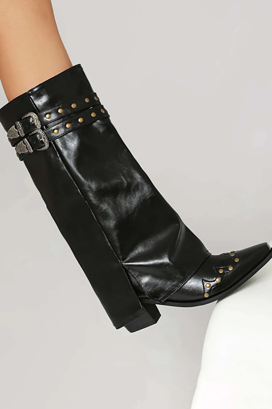 Faux Leather Studded Pointed Toe Mid Calf Boots