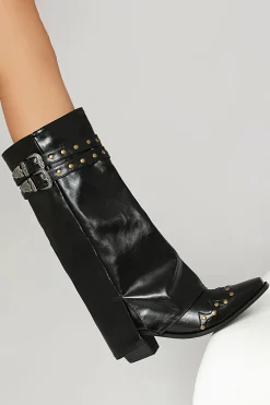Faux Leather Studded Pointed Toe Mid Calf Boots