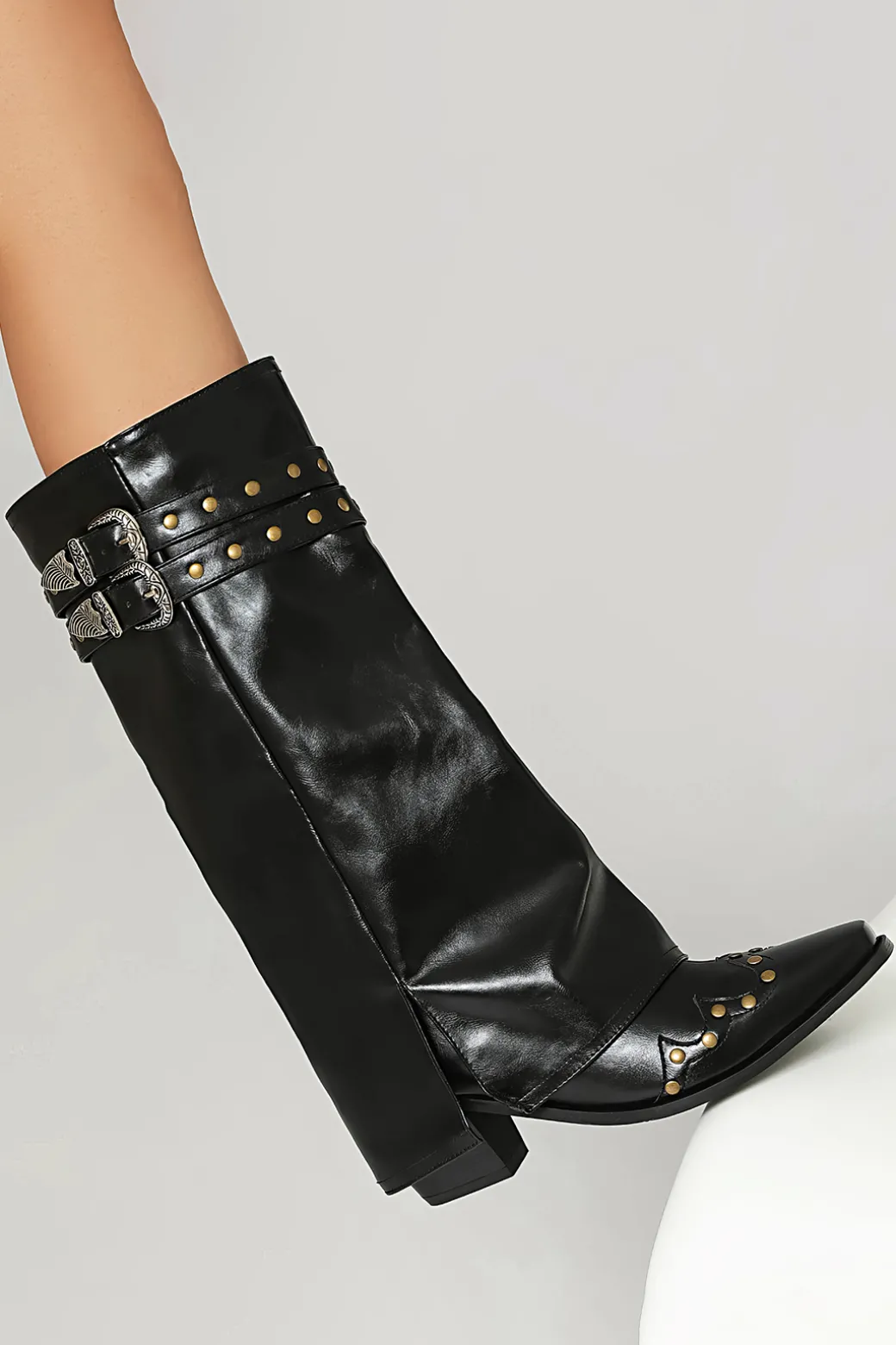 Faux Leather Studded Pointed Toe Mid Calf Boots