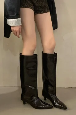 Faux Leather Textured Pointed Toe Knee High Boots