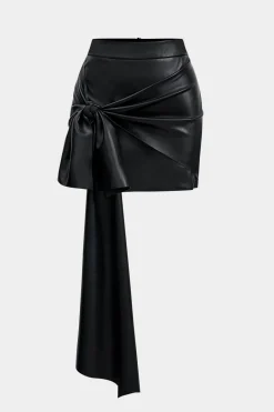 Faux Leather Tie Front Asymmetrical Skirt