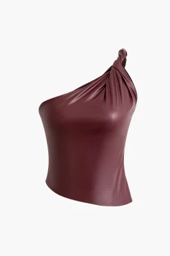 Faux Leather Twist One-Shoulder Tank Top