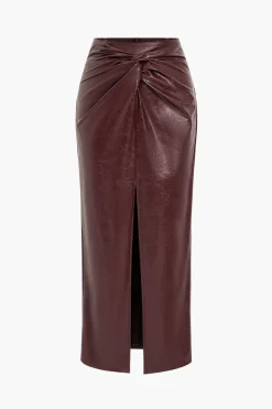 Faux Leather Twist Slit Skirt