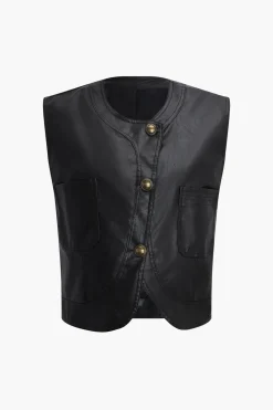 Faux Leather Vest With Pocket And Button
