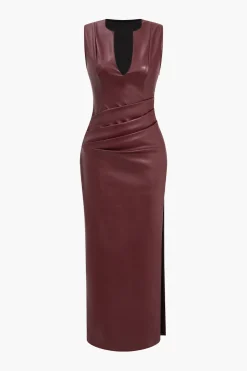 Faux Leather V-neck Ruched Maxi Dress
