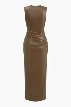 Faux Leather V-neck Ruched Maxi Dress