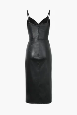 Faux Leather V-Neck Ruched Slit Midi Dress