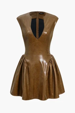 Faux Leather V-neck Ruched Mini Dress
