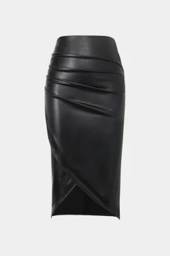 Faux Leather Wrap Ruched Midi Skirt