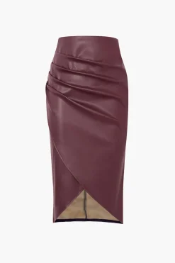 Faux Leather Wrap Ruched Midi Skirt