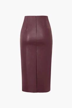 Faux Leather Wrap Ruched Midi Skirt