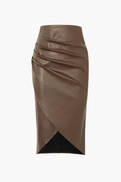 Faux Leather Wrap Ruched Midi Skirt