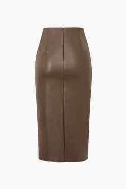 Faux Leather Wrap Ruched Midi Skirt
