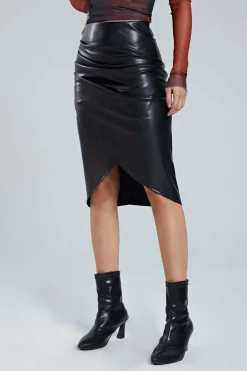 Faux Leather Wrap Ruched Midi Skirt