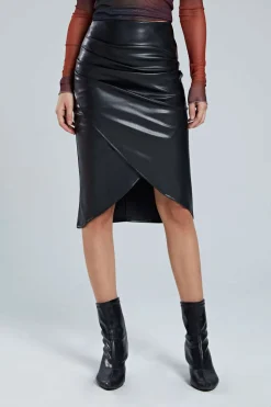 Faux Leather Wrap Ruched Midi Skirt